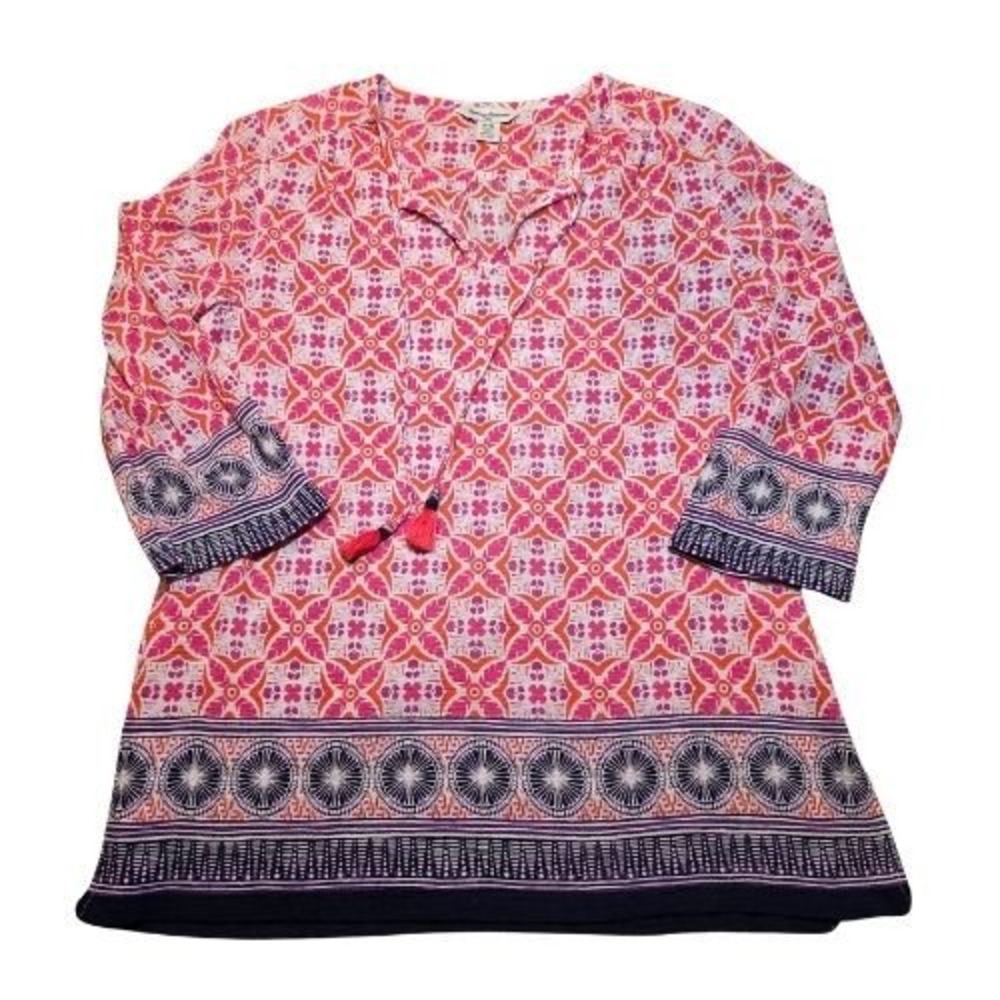 Tommy Bahama Womens M Pink Orange Geometric Tassel Tie 3/4 Sleeve Cotton Tunic